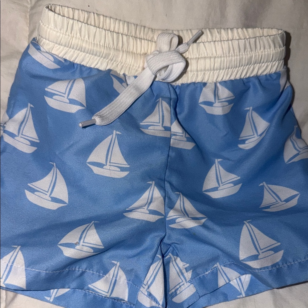 Blue Sailboat Print Kids Swim Shorts with White Waistband